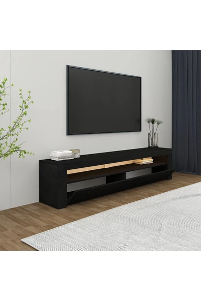 İNARCH DİZAYN Batı Led Işıklı, 2 Kapaklı Tv Ünitesi, Tv Sehpası Ahşap Siyah - Resim 4