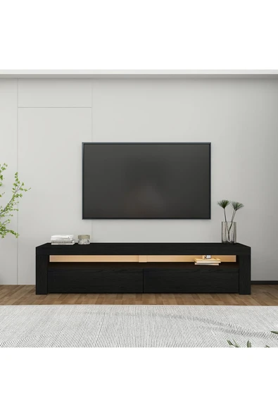 İNARCH DİZAYN Batı Led Işıklı, 2 Kapaklı Tv Ünitesi, Tv Sehpası Ahşap Siyah ürün görseli 1