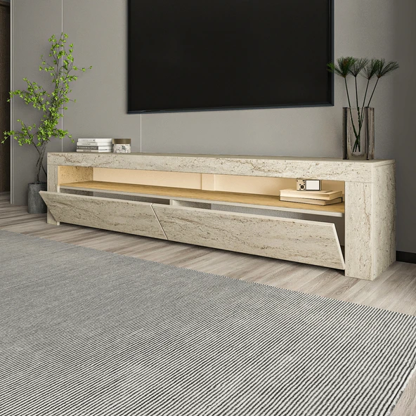 İNARCH DİZAYN Batı Led Işıklı, 2 Kapaklı Tv Ünitesi, Tv Sehpası Traverten - Resim 3