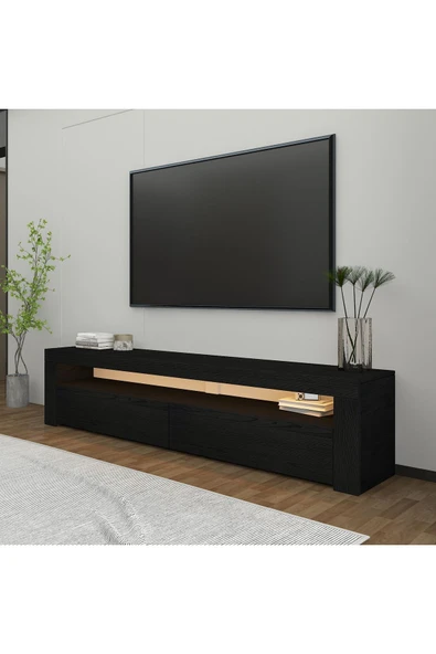 İNARCH DİZAYN Batı Led Işıklı, 2 Kapaklı Tv Ünitesi, Tv Sehpası Ahşap Siyah - Resim 2