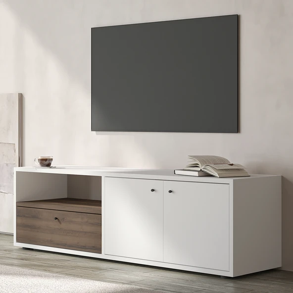 İNARCH DİZAYN Pao Kapaklı Minimal TV Sehpası – 136 cm, Beyaz/Antik Ceviz - 2