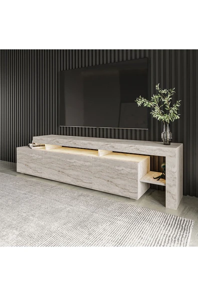 İNARCH DİZAYN Beliz Modern LED Işıklı 3 Kapaklı, Raflı TV Sehpası – 192 cm, Traverten Desen - 7