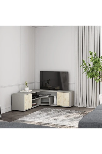 İNARCH DİZAYN Roza Köşe – Çok Amaçlı, Kapaklı TV Sehpası Gri/traverten