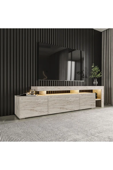 İNARCH DİZAYN Beliz Modern LED Işıklı 3 Kapaklı, Raflı TV Sehpası – 192 cm, Traverten Desen