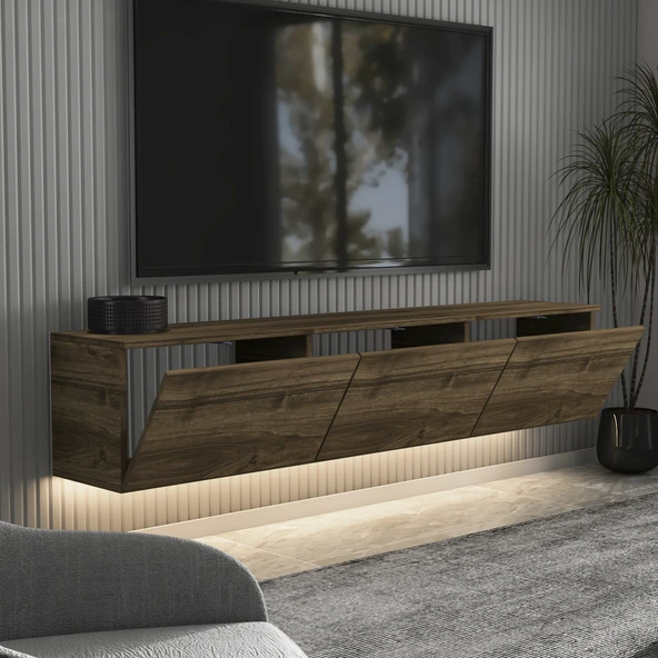 İNARCH DİZAYN Neon LED Işıklı Duvara Monte, 3 Kapaklı TV Sehpası – 160 cm - Modern Tasarım, İstanbul Ceviz - Resim 3