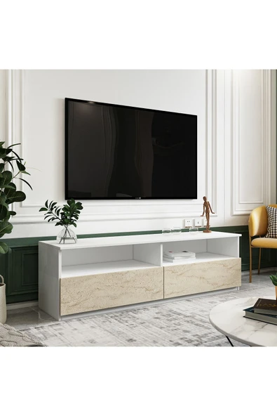 İNARCH DİZAYN Centra Kapaklı Tv Sehpası,Tv Ünitesi Beyaz-Traverten, Ev-Ofis - Resim 2