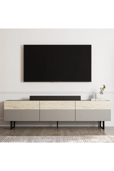 İNARCH DİZAYN Sign Kapaklı Tv Ünitesi, Tv Sehpası - Metal Ayak - Gri/traverten ürün görseli 1
