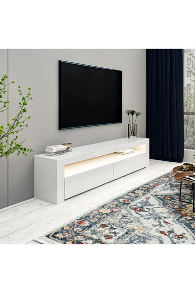 İNARCH DİZAYN Batı Led Işıklı, 2 Kapaklı Tv Ünitesi, Tv Sehpası Parlak Beyaz - 3