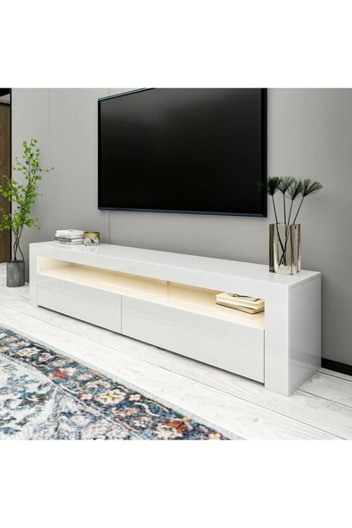İNARCH DİZAYN Batı Led Işıklı, 2 Kapaklı Tv Ünitesi, Tv Sehpası Parlak Beyaz - 2