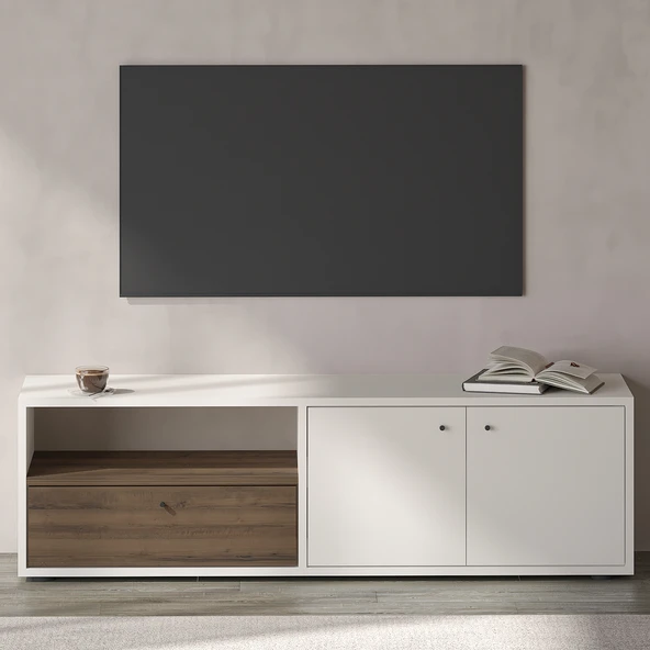İNARCH DİZAYN Pao Kapaklı Minimal TV Sehpası – 136 cm, Beyaz/Antik Ceviz