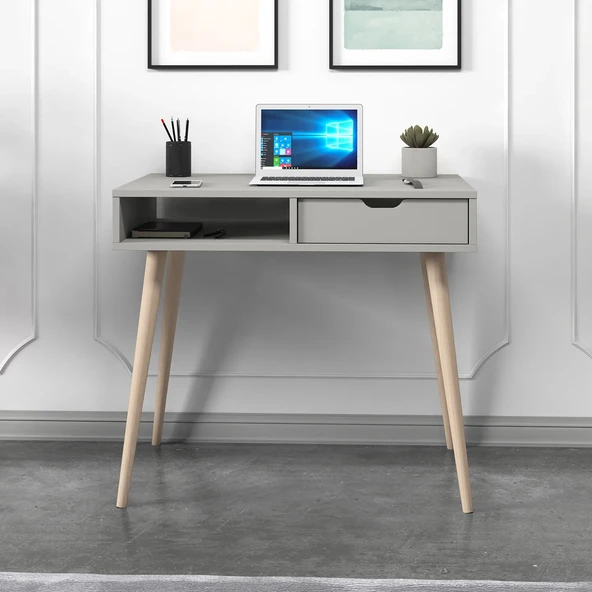 İNARCH DİZAYN Offer Çalışma Masası, Bilgisayar Masası, Çekmeceli Gri, Ahşap Ayak, Ev-ofis