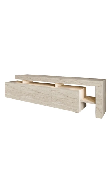 İNARCH DİZAYN Beliz Modern LED Işıklı 3 Kapaklı, Raflı TV Sehpası – 192 cm, Traverten Desen - 4