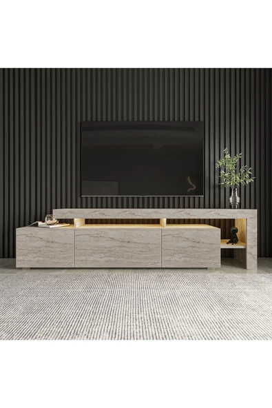 İNARCH DİZAYN Beliz Modern LED Işıklı 3 Kapaklı, Raflı TV Sehpası – 192 cm, Traverten Desen - 2