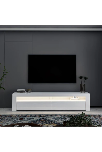 İNARCH DİZAYN Batı Led Işıklı, 2 Kapaklı Tv Ünitesi, Tv Sehpası Parlak Beyaz - 5