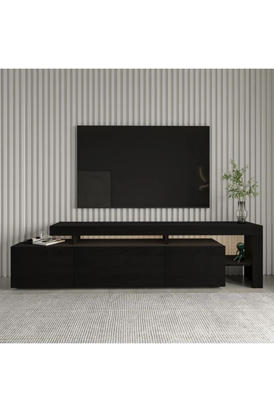 İNARCH DİZAYN Beliz Led Işıklı Tv Ünitesi, Tv Sehpası, Raflı - Ahşap Siyah - 2