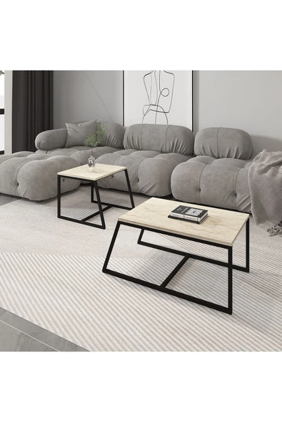 İNARCH DİZAYN Minimal 2'Li Orta Sehpa Traverten - Resim 4