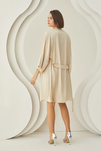 Taş Rengi Silky Kısa Kuşaklı Tek Sabahlık - Resim 7