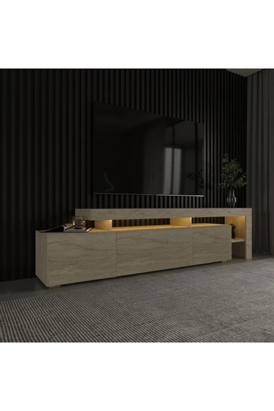 İNARCH DİZAYN Beliz Modern LED Işıklı 3 Kapaklı, Raflı TV Sehpası – 192 cm, Traverten Desen - 6