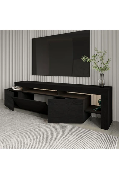 İNARCH DİZAYN Beliz Led Işıklı Tv Ünitesi, Tv Sehpası, Raflı - Ahşap Siyah - 9