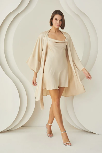 Taş Rengi Silky Kısa Kuşaklı Tek Sabahlık - Resim 6