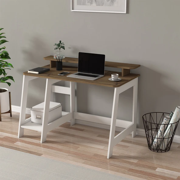 İNARCH DİZAYN Country Ergonomik Çalışma Masası, Modern Bilgisayar Masası Beyaz/Antik Ceviz, Ev-Ofis - 3