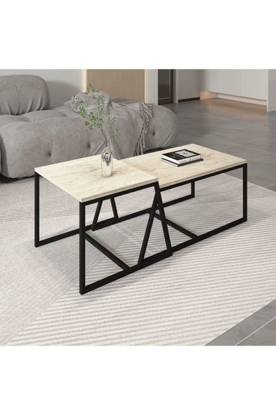 İNARCH DİZAYN Minimal 2'Li Orta Sehpa Traverten - Resim 3