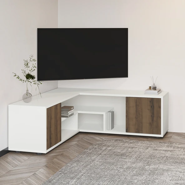 İNARCH DİZAYN Roza Köşe – Çok Amaçlı, Kapaklı TV Sehpası Beyaz/Antik Ceviz