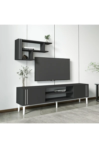 İNARCH DİZAYN Snow Raflı Takım Tv Ünitesi Antrasit - Resim 2