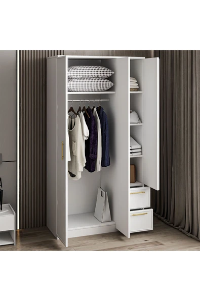 İNARCH DİZAYN Vespera Çıta Detaylı 3 Kapaklı, Çekmeceli Gardırop Beyaz, 90 cm - Resim 7