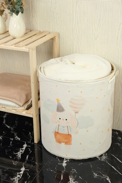 Sevimli Tavşan Figürü Baskılı Filesiz Çok Amaçlı Oyuncak Çamaşır Saklama Sepeti 37x40 - 3