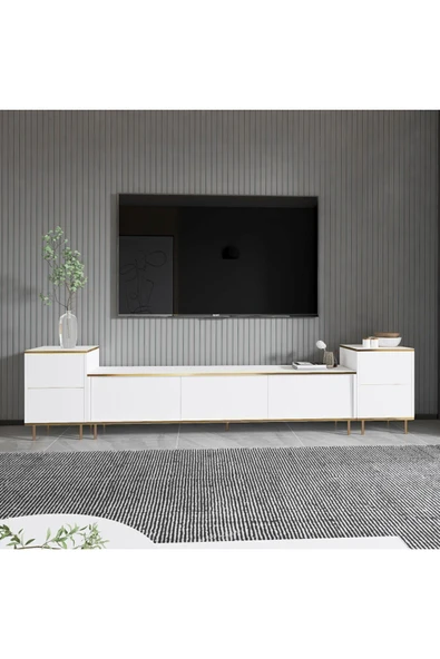 İNARCH DİZAYN İmaj Tv Ünitesi ve Komodin Takım Beyaz/Gold ürün görseli 1