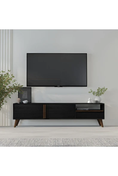 İNARCH DİZAYN T0018 Çekmeceli, 2 Kapaklı Tv Sehpası Ahşap Siyah