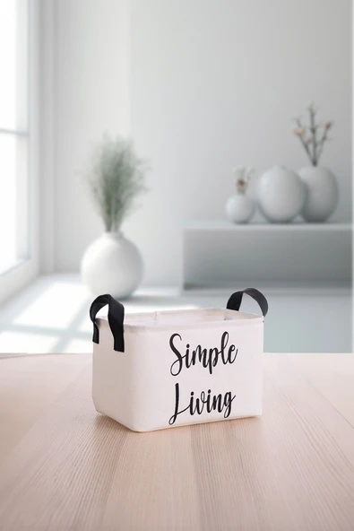 Beyaz Simple Living Baskılı Küçük Boy Düzenleyici Saklama Sepeti 25x15x18