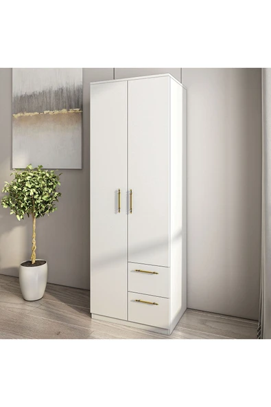 İNARCH DİZAYN Merlin 2 Kapaklı, Çekmeceli Gardırop, Yatak Odası Dolap, Elbise Dolabı Beyaz - Resim 3