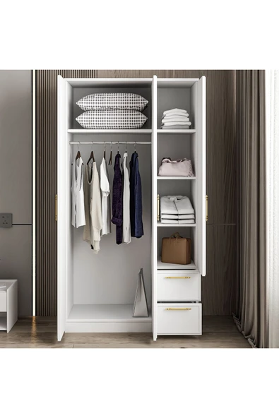 İNARCH DİZAYN Vespera Çıta Detaylı 3 Kapaklı, Çekmeceli Gardırop Beyaz, 90 cm - Resim 4