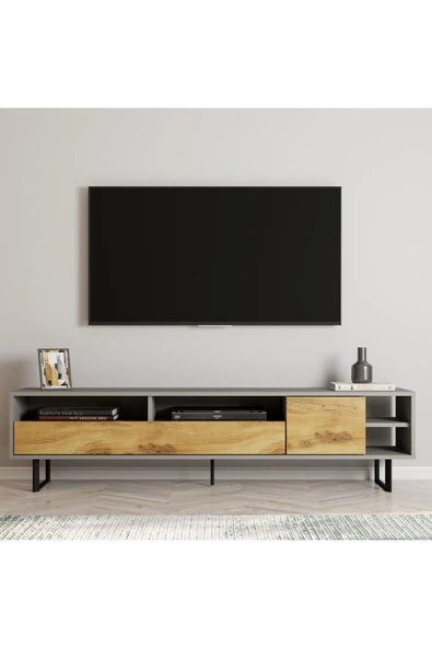 İNARCH DİZAYN Luga Kapaklı Tv Ünitesi, Tv Sehpası - Metal Siyah Ayak - Gri/kilim
