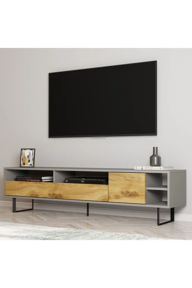 İNARCH DİZAYN Luga Kapaklı Tv Ünitesi, Tv Sehpası - Metal Siyah Ayak - Gri/kilim - 2