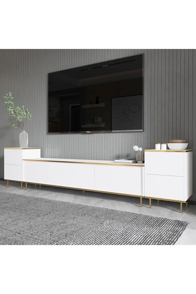 İNARCH DİZAYN İmaj Tv Ünitesi ve Komodin Takım Beyaz/Gold - Resim 3