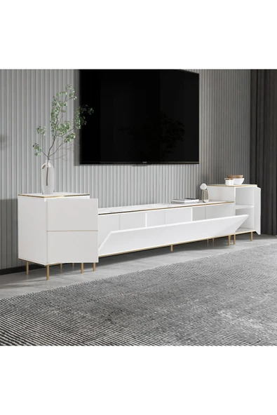 İNARCH DİZAYN İmaj Tv Ünitesi Ve Komodin Takım Orma Mermer/beyaz (GOLD) - 4
