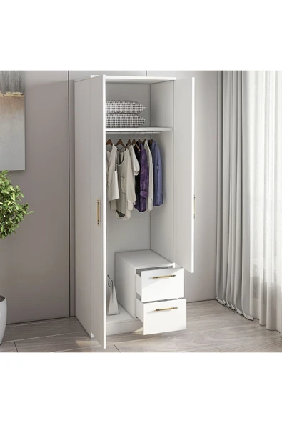 İNARCH DİZAYN Merlin 2 Kapaklı, Çekmeceli Gardırop, Yatak Odası Dolap, Elbise Dolabı Beyaz - Resim 7