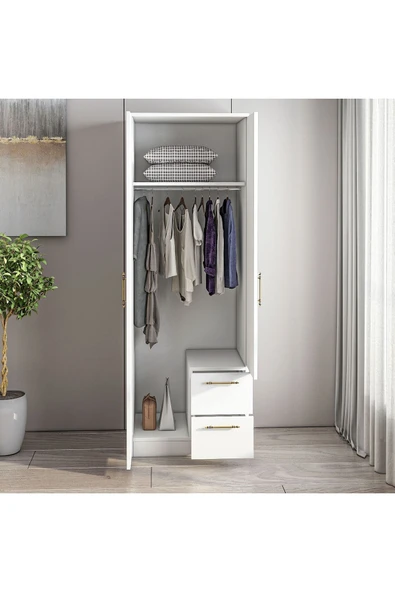 İNARCH DİZAYN Merlin 2 Kapaklı, Çekmeceli Gardırop, Yatak Odası Dolap, Elbise Dolabı Beyaz - Resim 4