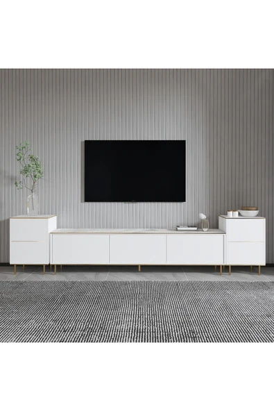 İNARCH DİZAYN İmaj Tv Ünitesi Ve Komodin Takım Orma Mermer/beyaz (GOLD)