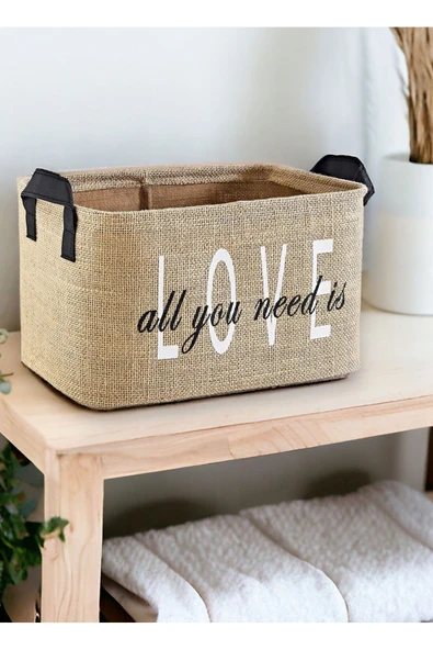 Love Baskılı Jüt Dolap Içi Çocuk Odası Oyuncak Düzenleyici Katlanır Saklama Sepeti Organizer30x22x18 - 3