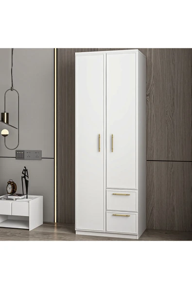 İNARCH DİZAYN Vespera Çıta detaylı, 2 Kapaklı, Çekmeceli Gardırop Beyaz, 60 cm - Resim 3
