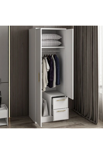 İNARCH DİZAYN Vespera Çıta detaylı, 2 Kapaklı, Çekmeceli Gardırop Beyaz, 60 cm - Resim 7