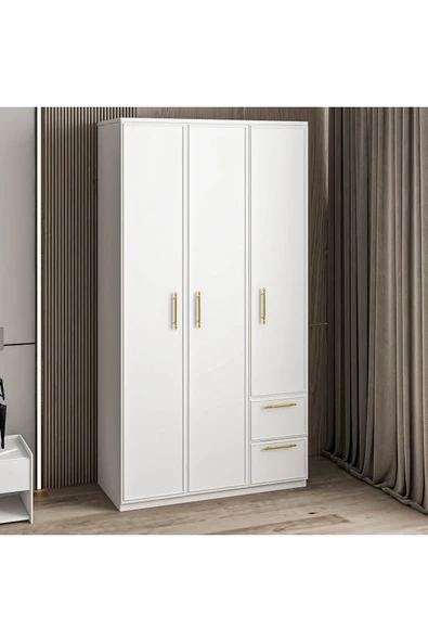 İNARCH DİZAYN Vespera Çıta Detaylı 3 Kapaklı, Çekmeceli Gardırop Beyaz, 90 cm - Resim 2