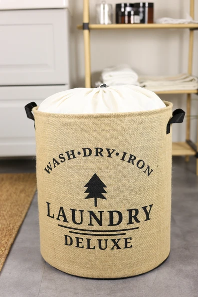 Laundry Deluxe Baskılı Fileli Jüt Katlanabilir Kıyafet Kirli Çamaşır Havlu Sepeti 37 x 40 - 2