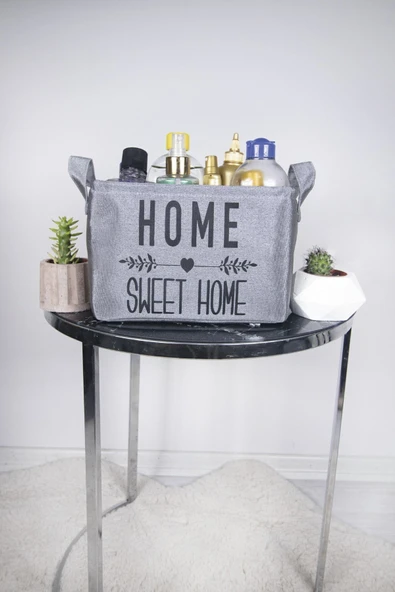 Rope Home Gri Home Sweet Home Baskılı Dikdörtgen Sepet 18x24x14