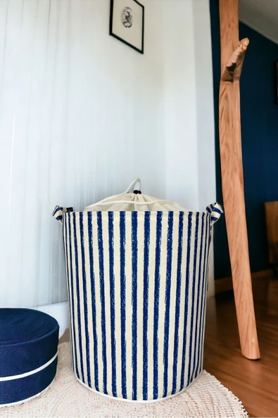Lacivert Çizgili Fileli Katlanır Banyo Kirli Çamaşır Dolap Içi Yatak Odası Düzenleyici Sepet 37x40 - 2