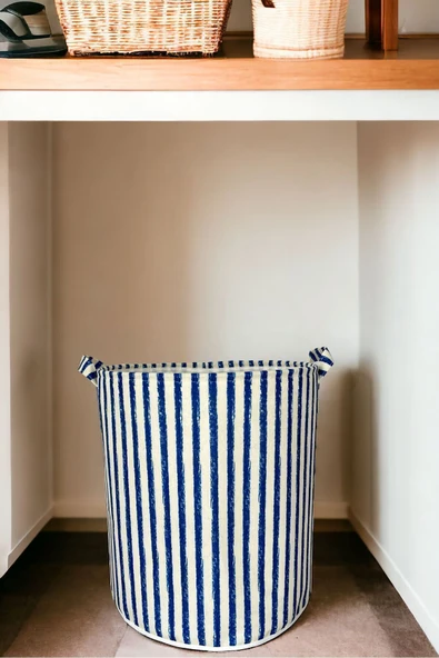 Lacivert Çizgili Fileli Katlanır Banyo Kirli Çamaşır Dolap Içi Yatak Odası Düzenleyici Sepet 37x40 - 3